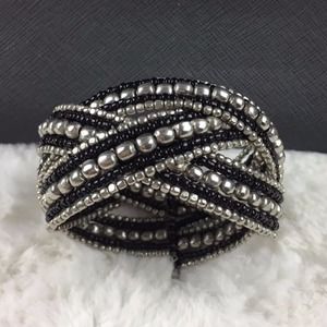 Silver Black Glass Seed Bead Cuff Bracelet 1.5"